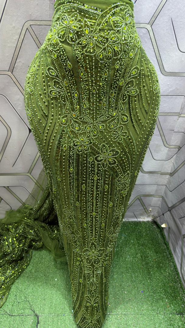 WhatsApp Image 2026-05-21 at 1.54.42 PM Luxury Olive Green Stone Lace Fabric - Image 1